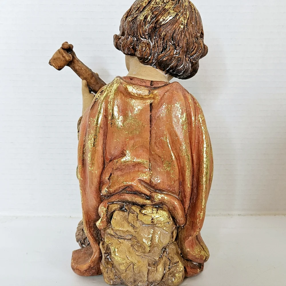 Vintage Gilded Shepard Boy and Sheep Resin Figurine